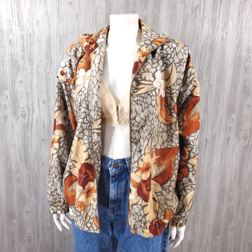Vintage 80s 90s Bomber Jacket Floral Hawaiian Nylon Kaktus